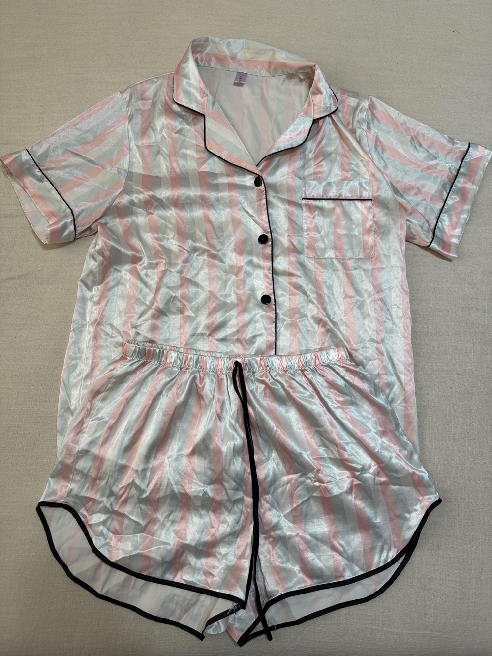 Target Pink & White Striped Satin Short Pajama Set with Black Trim